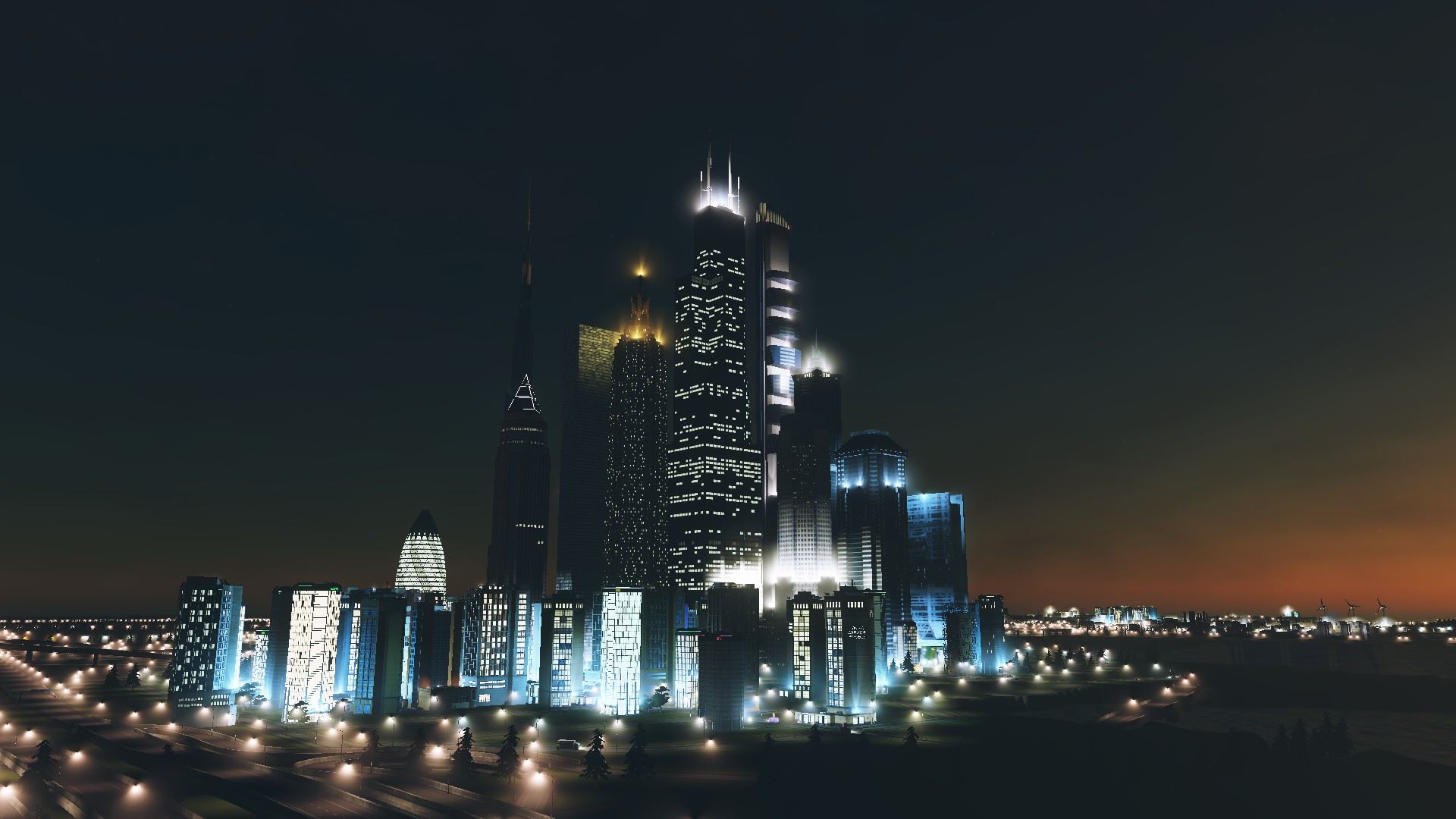 Screenshot aus Cities Skylines: Die Skyline der Stadt bei Nacht.