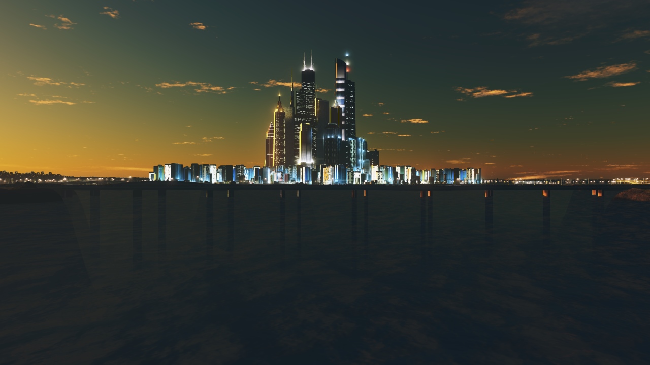 Screenshot aus Cities Skylines: Die Skyline der Stadt in der Abenddämmerung. Die ersten Lichter gehen an.