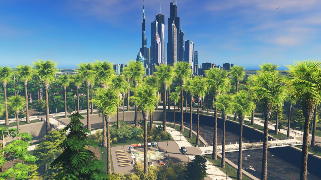 Screenshot aus Cities Skylines: Blick auf den "Central Park". Im Hintergrund ist die Skyline zu sehen.