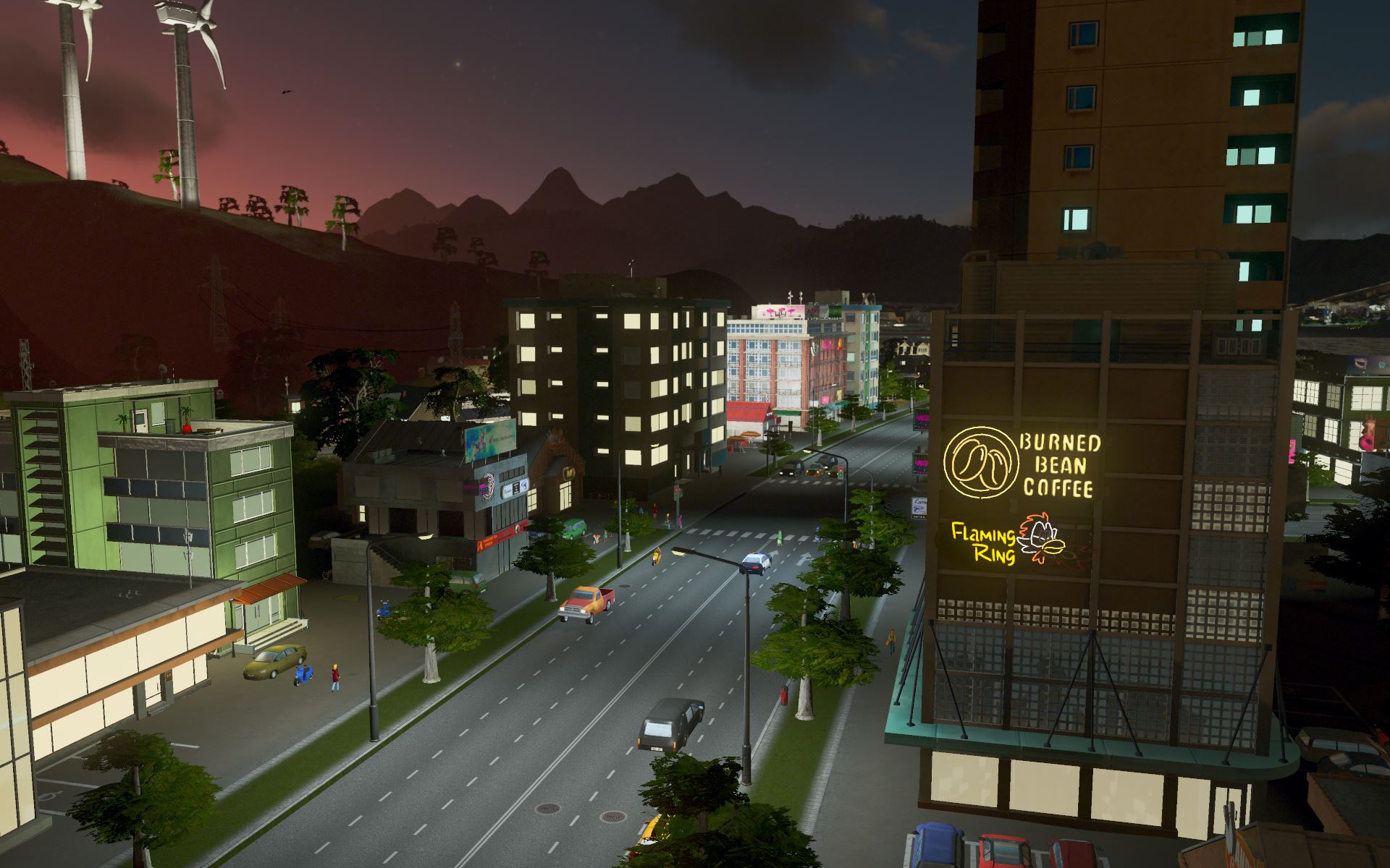 Abenddämmerung in einem Gewerbegebiet in Cities: Skylines.