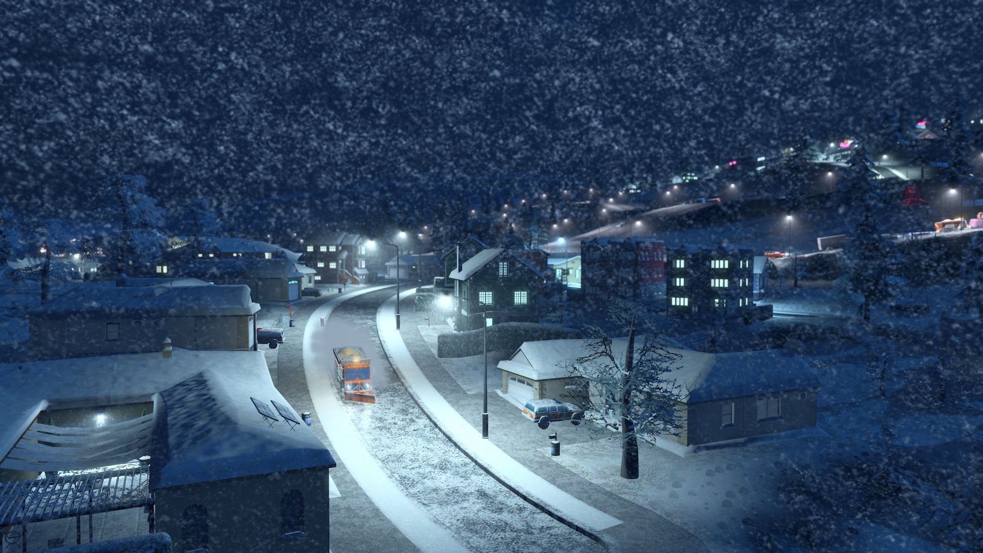 Schneepflug räumt verschneite Straße in einer Wohnsiedlung in Cities: Skylines.