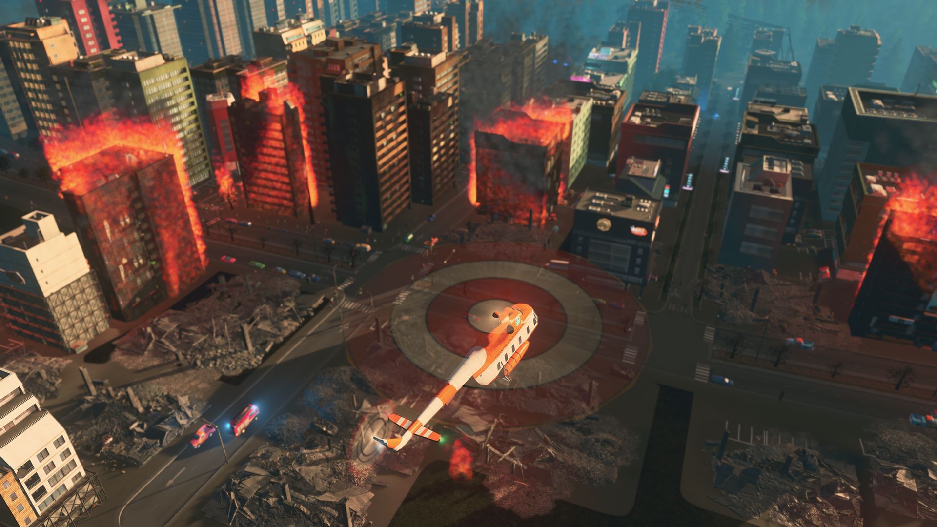 Rettungshubschrauber fliegt über zerstörte Stadt in Cities: Skylines.