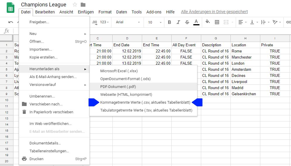 Datei herunterladen als .csv-Datei in Google Tabellen