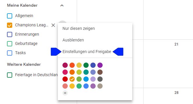 Kalender Einstellungen Auswahlmenü