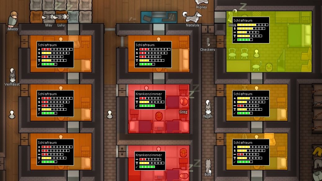 Verschiedene Räume in RimWorld mit Statistiken von dem Mod Room Sense.