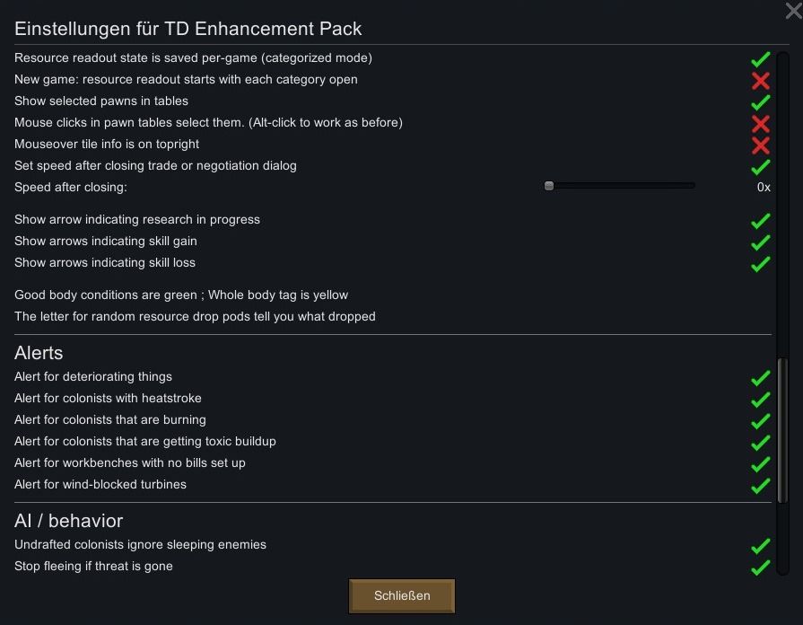 Übersicht aller Einstellungen des Mod TD Enhancement Pack.
