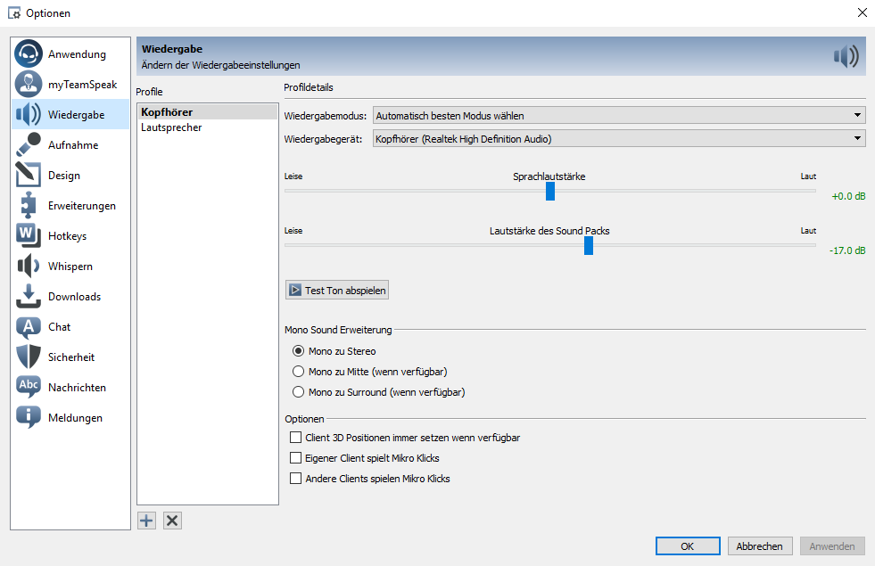 Wiedergabe Einstellungen in Teamspeak 3