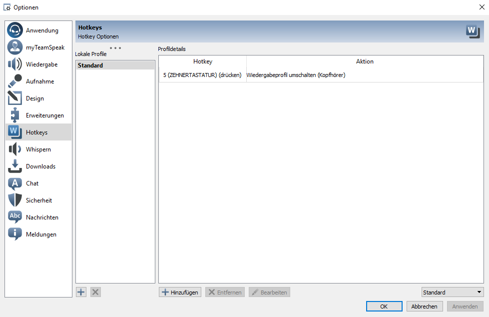 Optionen für Hotkeys in Teamspeak 3