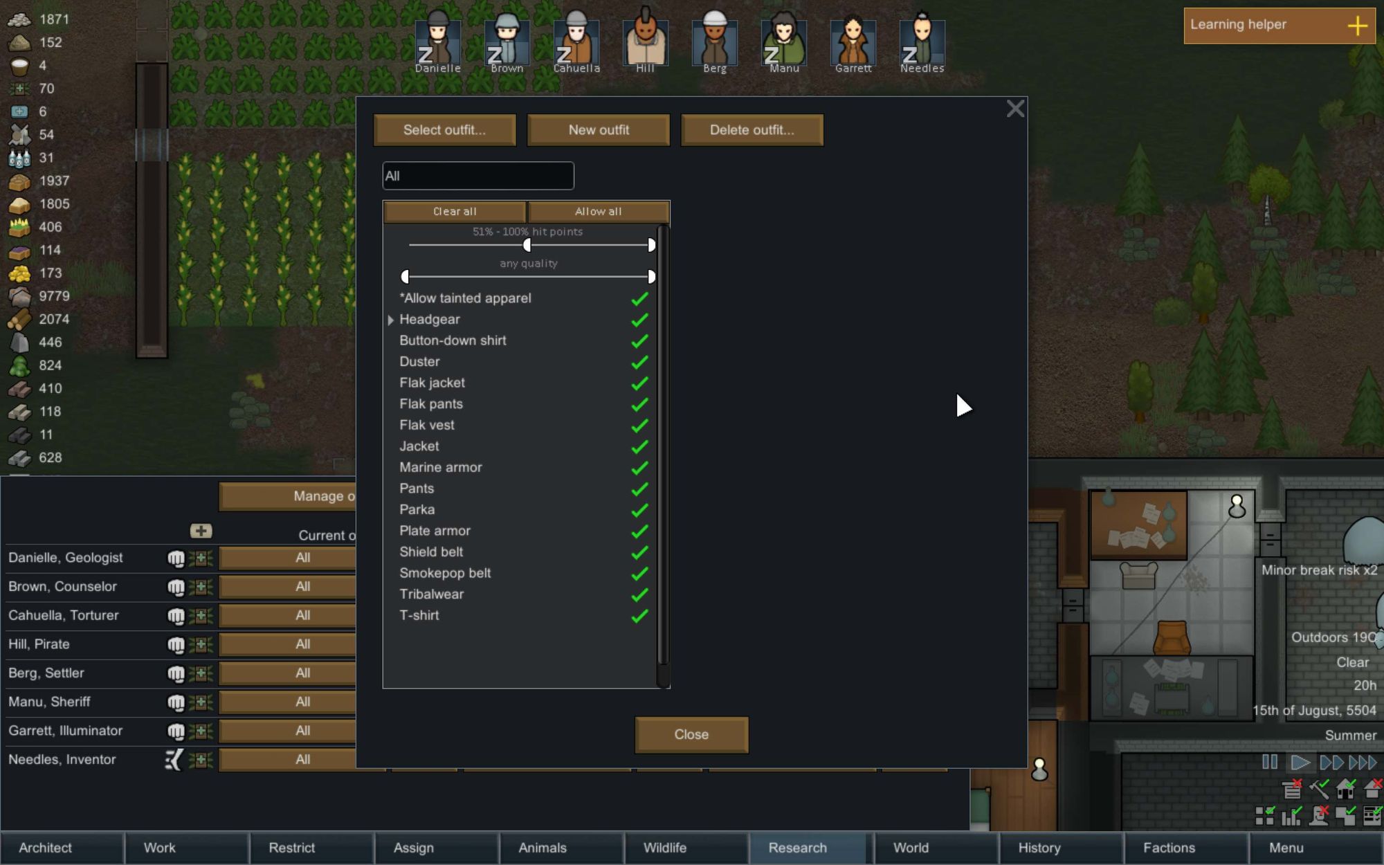 Outfit Verwaltung in RimWorld.