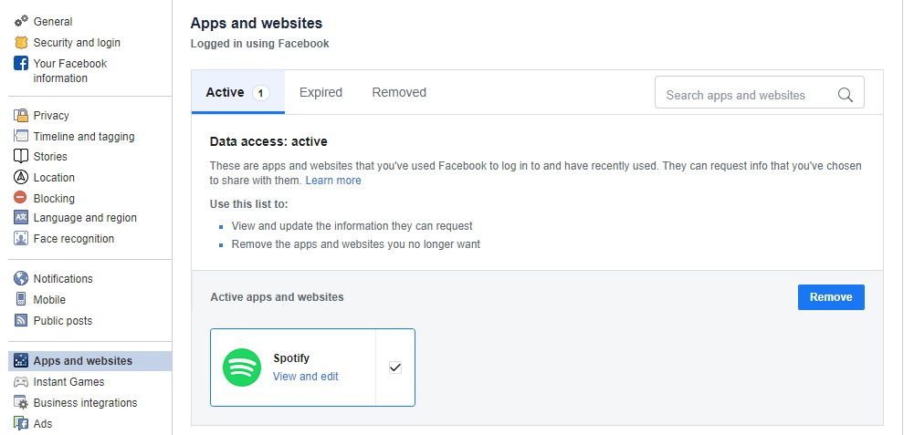 Verwaltung der Apps und Webseiten, die den Facebook Login nutzen.