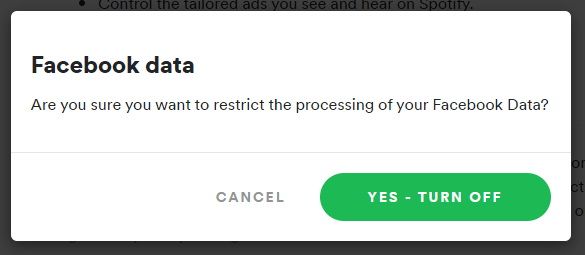 Spotify Dialog zum Löschen aller Facebook Daten.