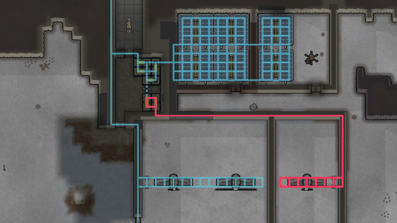 Zwei separate Stromkreise in RimWorld verbunden durch einen Schalter