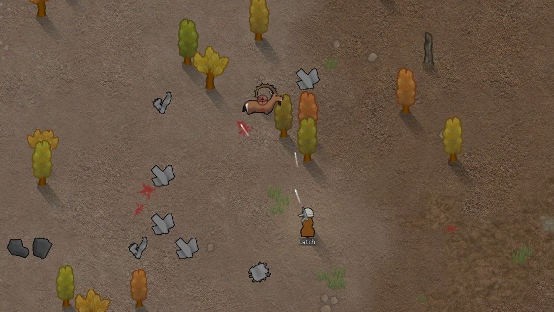 Jäger in RimWorld schießt auf einen Steinbock.