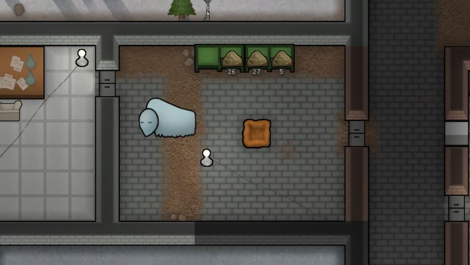 Gezähmtes Muffalo in einem Stall mit Bett und Futter in RimWorld.