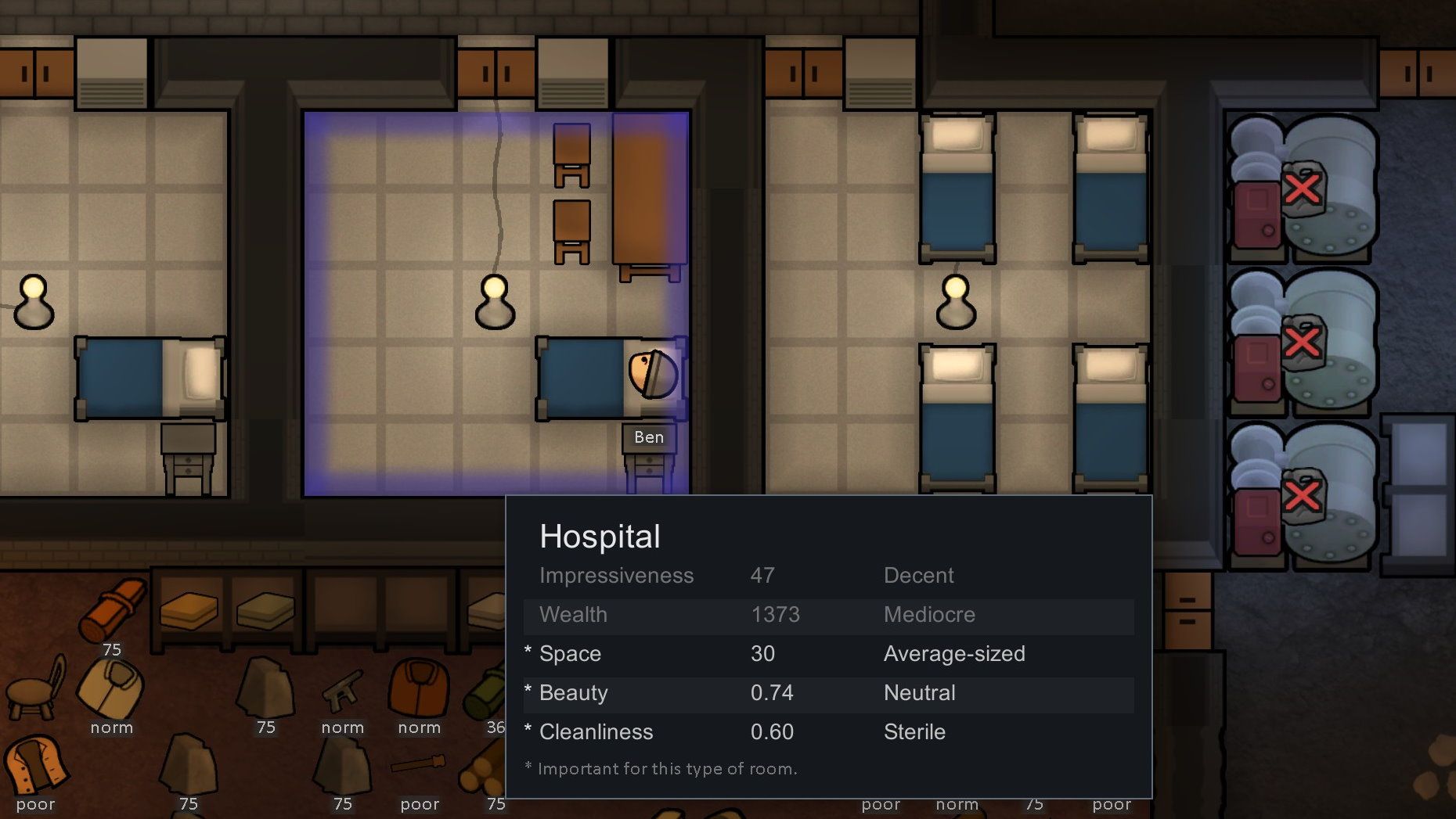 Raumstatusanzeige für Krankenzimmer in RimWorld