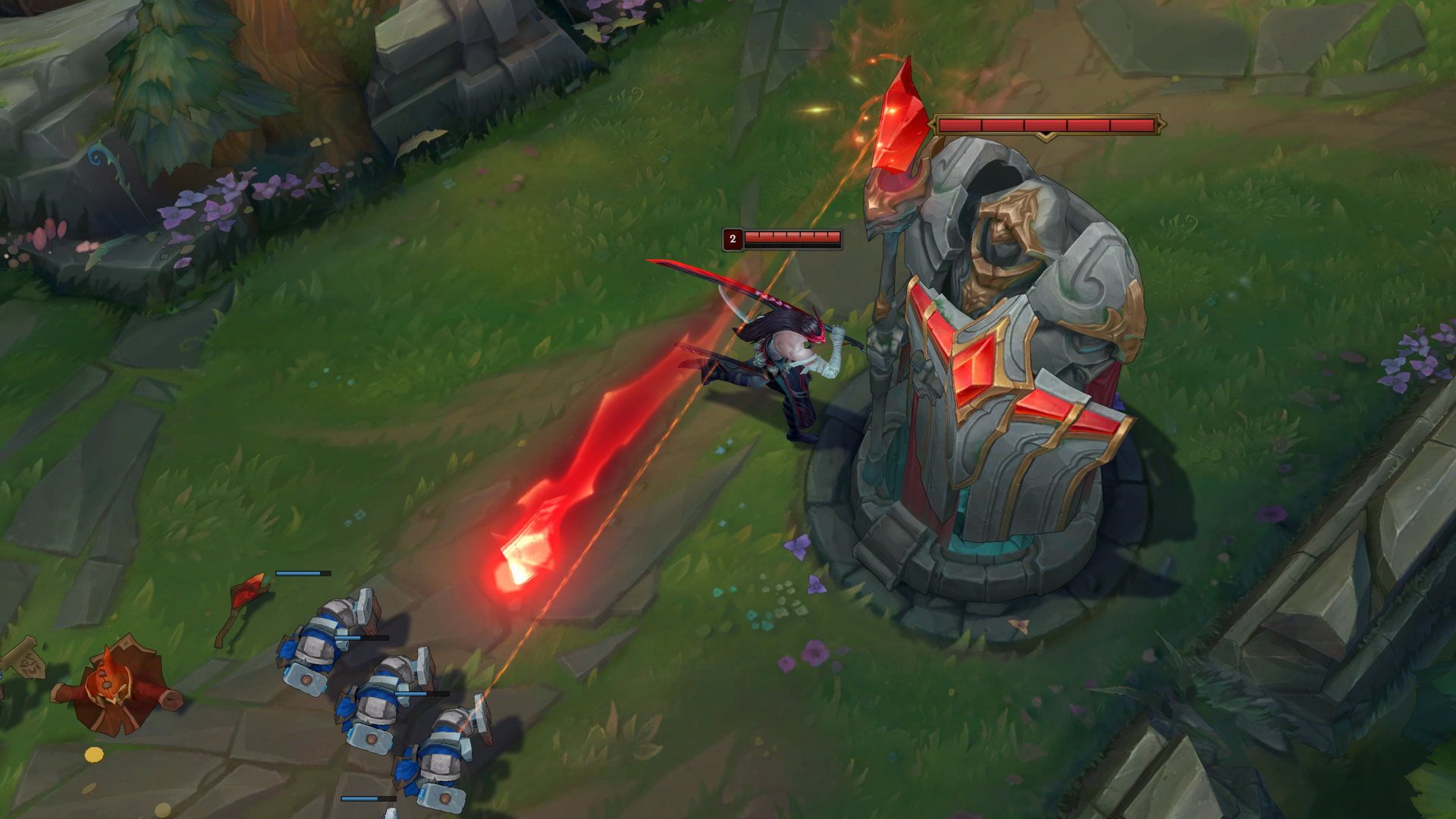 Outer Turret der Midlane in League of Legends mit aktiver Turmpanzerung schießt auf Vasallen.