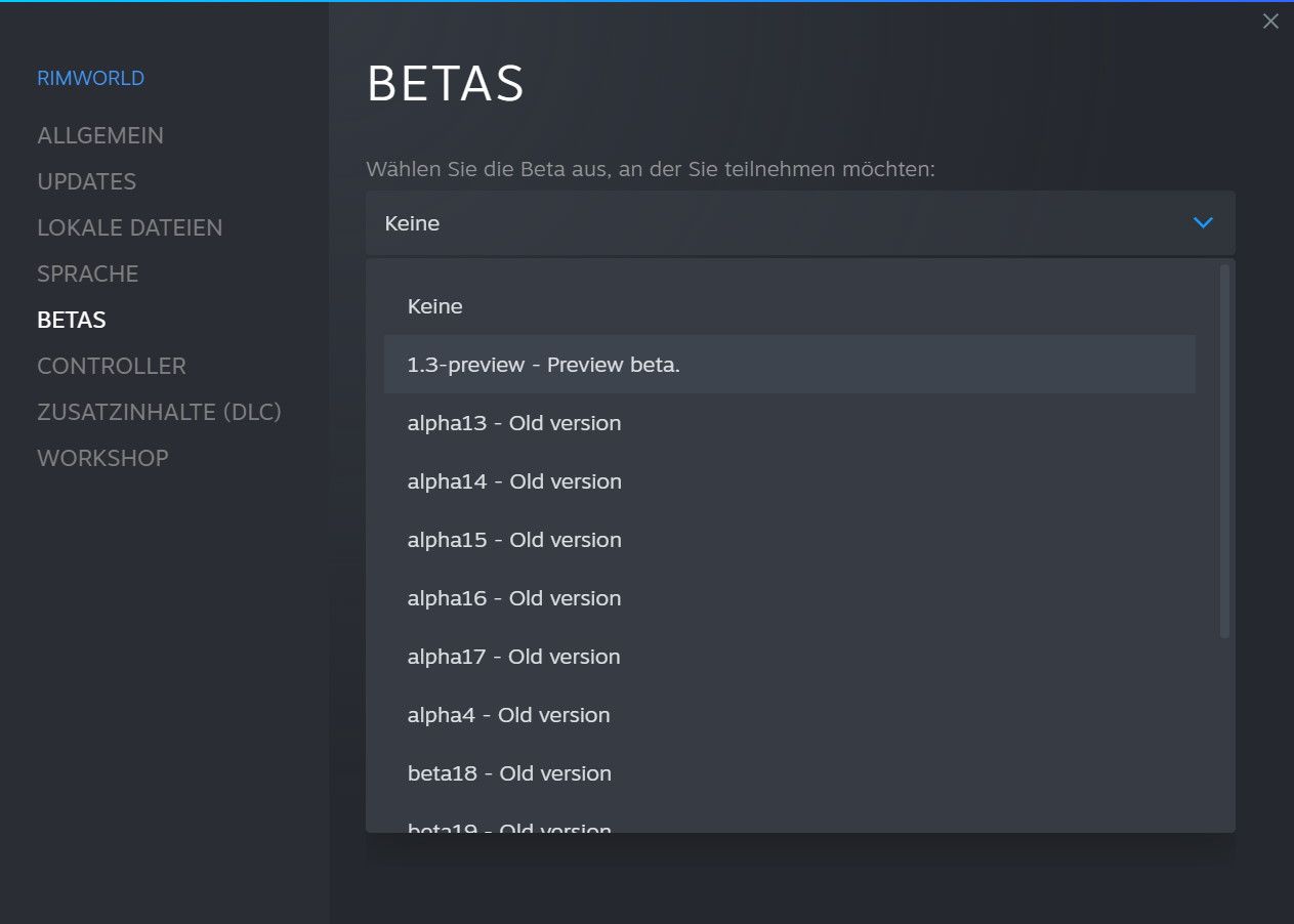 Auswahl der Spielversion von RimWorld in Steam