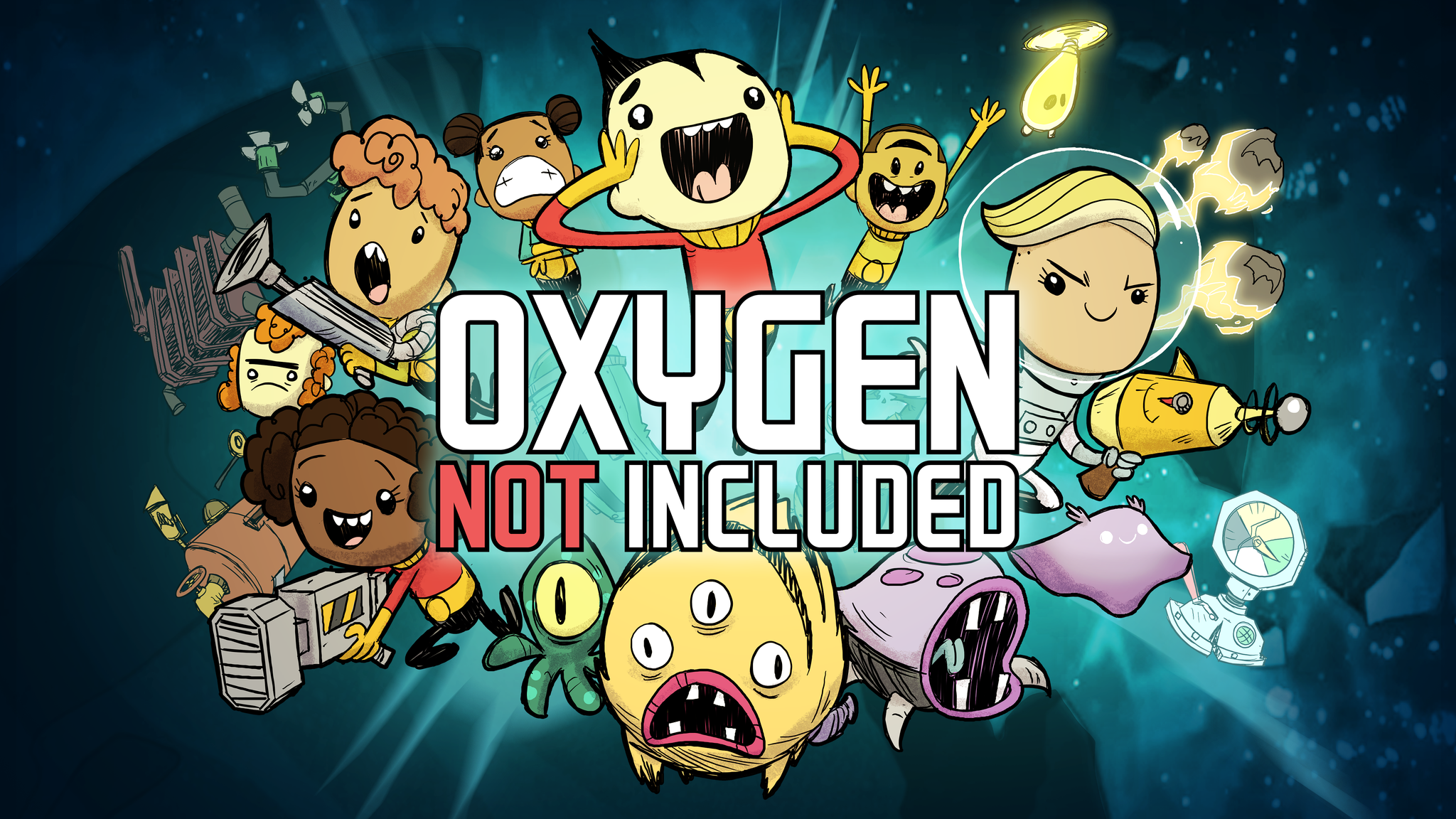 Oxygen Not Included Screenshot in the Picutre are different funny looking characters of the game and some fishes and alienlike happy looking creatures.