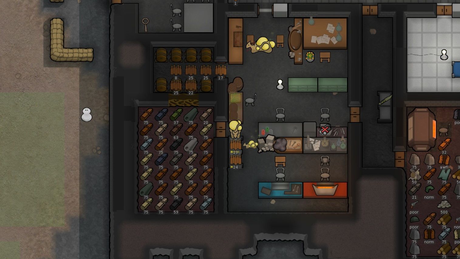 RimWorld Werkstatt und Lager für Stoffe und Leder