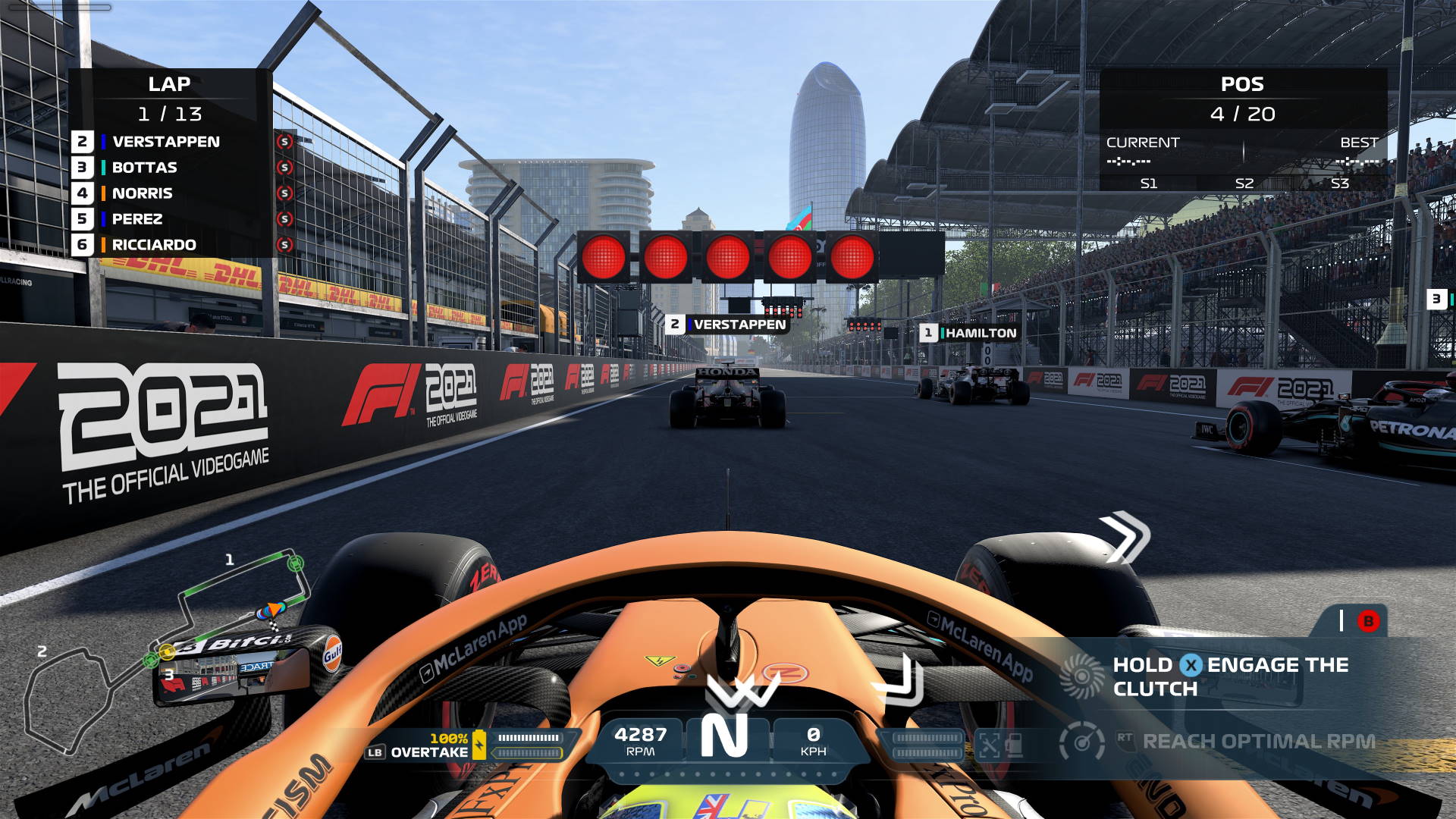 McLaren F1 2021 Race Start in Baku with full ERS battery.