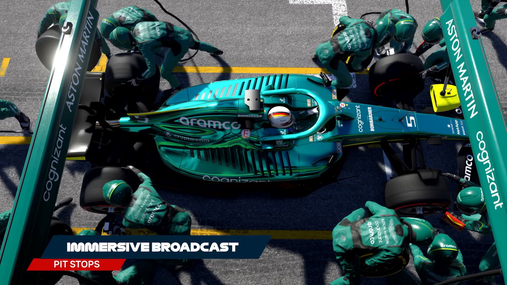 Broadcast Style Vogelperspektive Boxenstopp in Codemasters F1 22 Game.