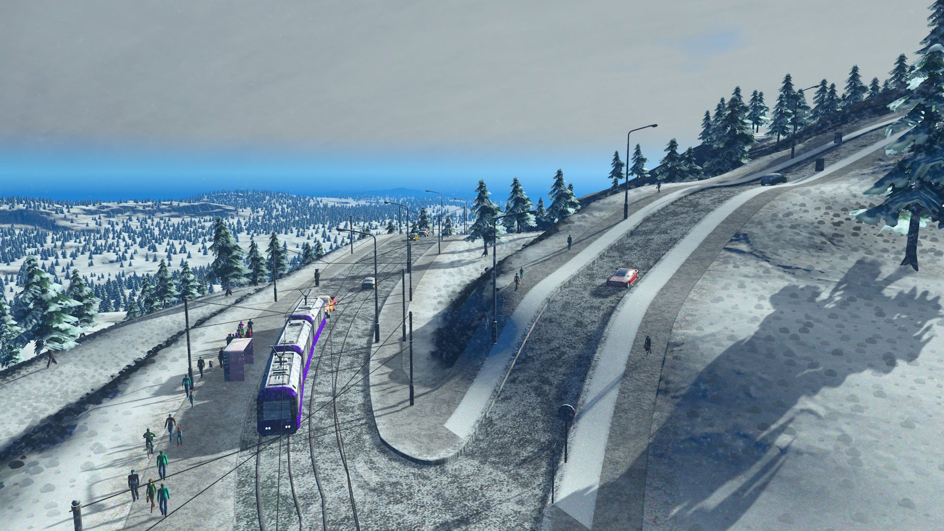 Straßenbahn an der Haltestelle in Cities: Skylines Snowfall