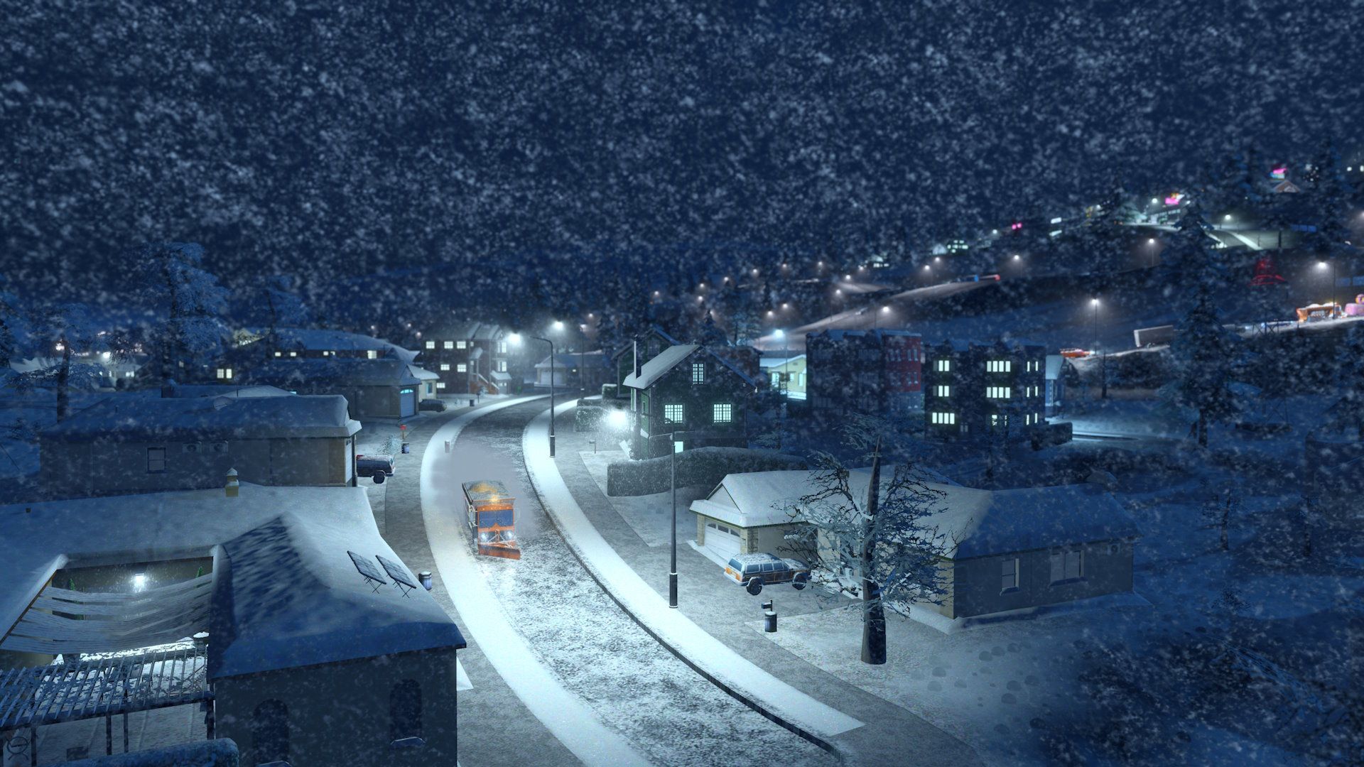 Schneepflug räumt Straße bei Schneefall in Cities: Skylines Snowfall