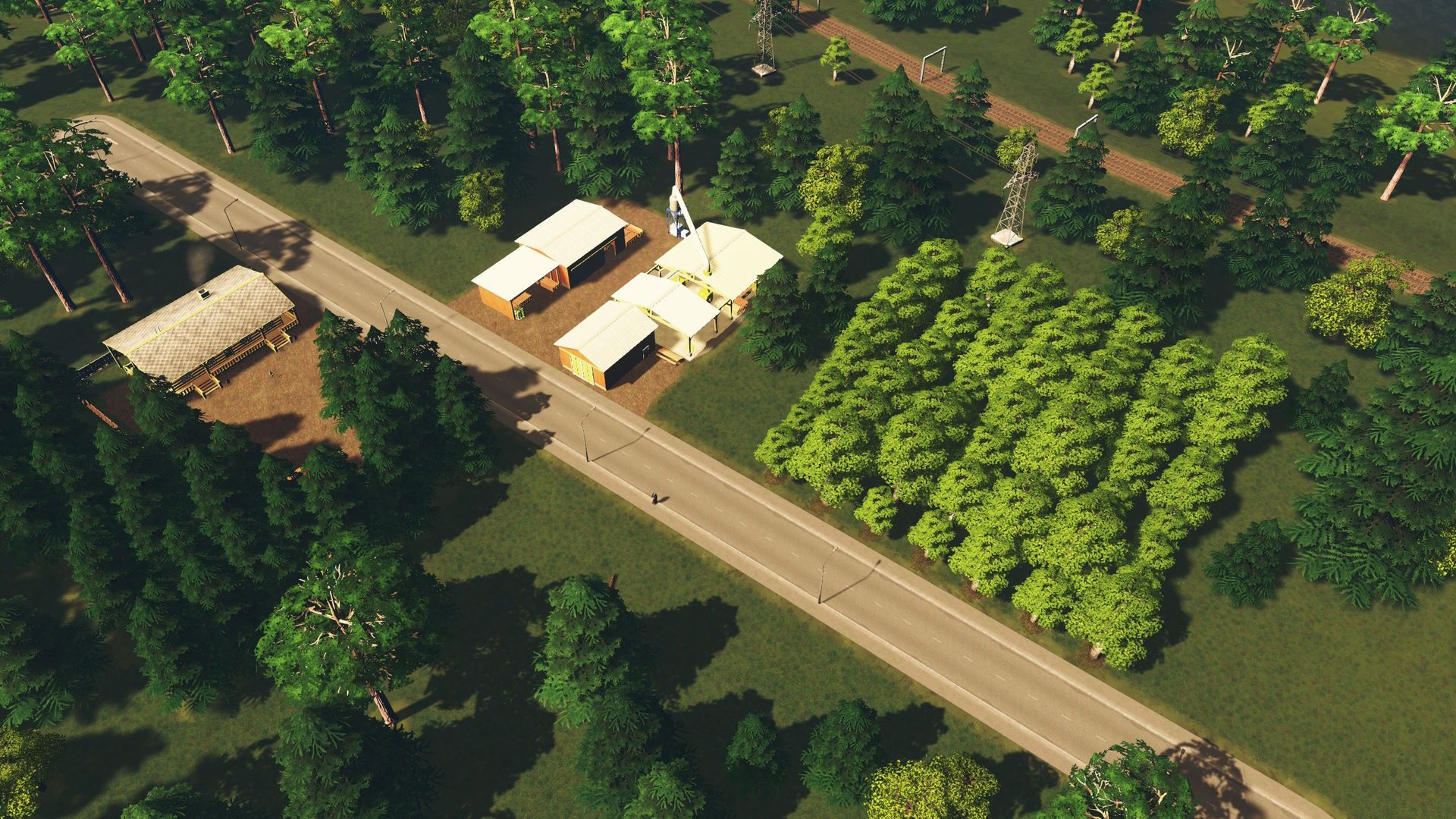 Small forest industry with tree plantation and sawmill in Cities: Skylines