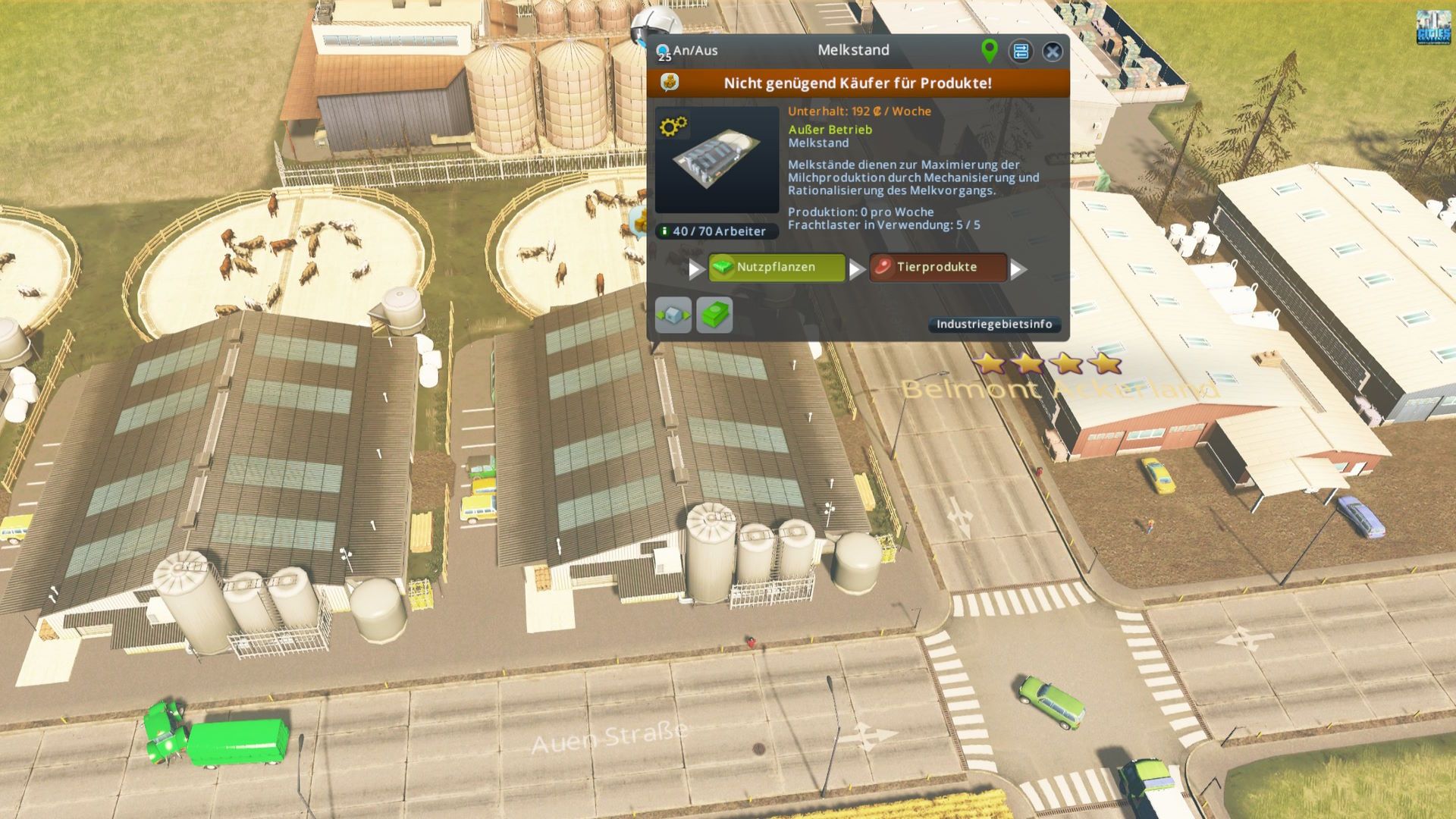 Melkstand in einer Agrarindustrie in Cities: Skylines hat ein volles Lager.