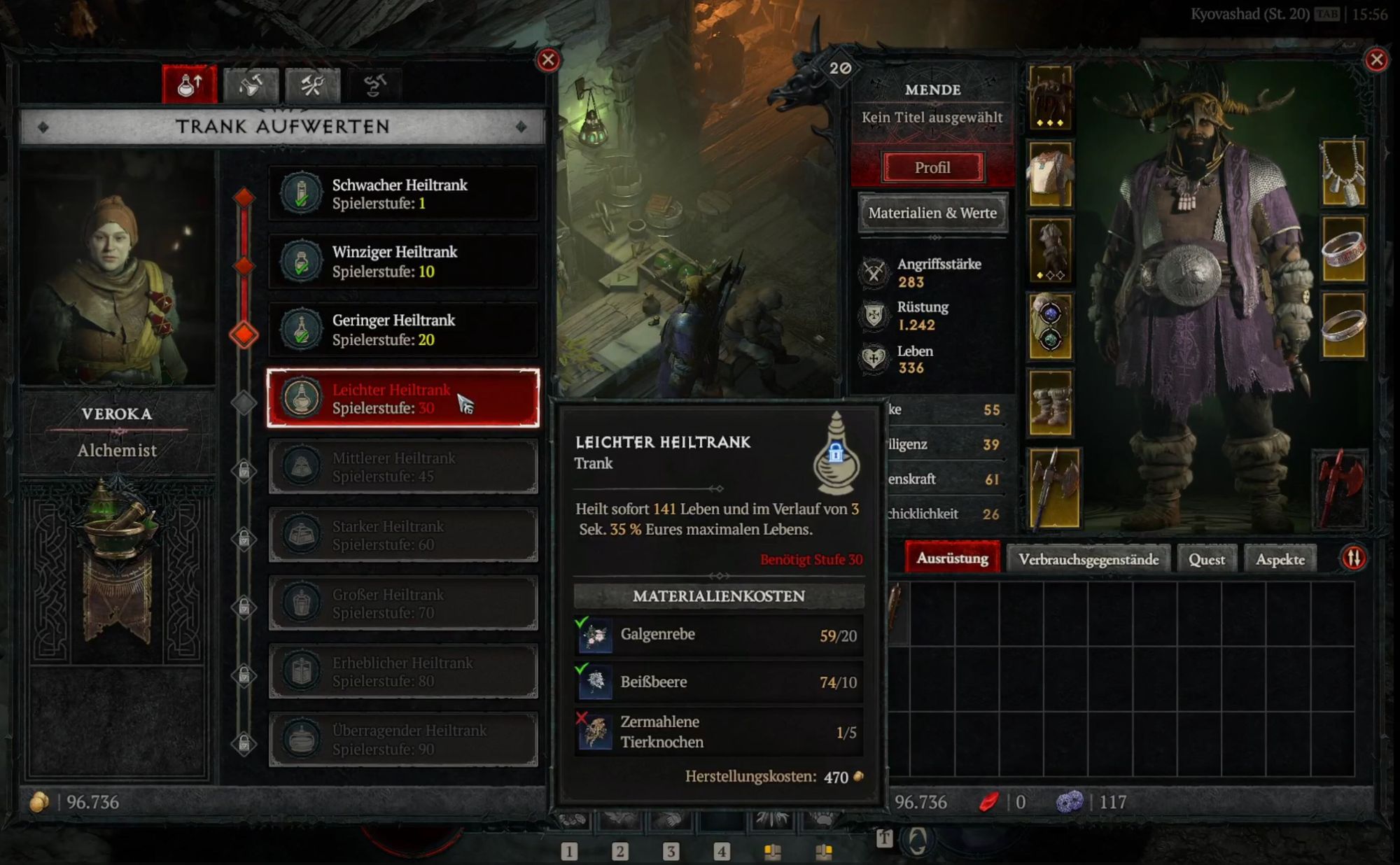 Diablo 4 interface to upgrade a health potion.
