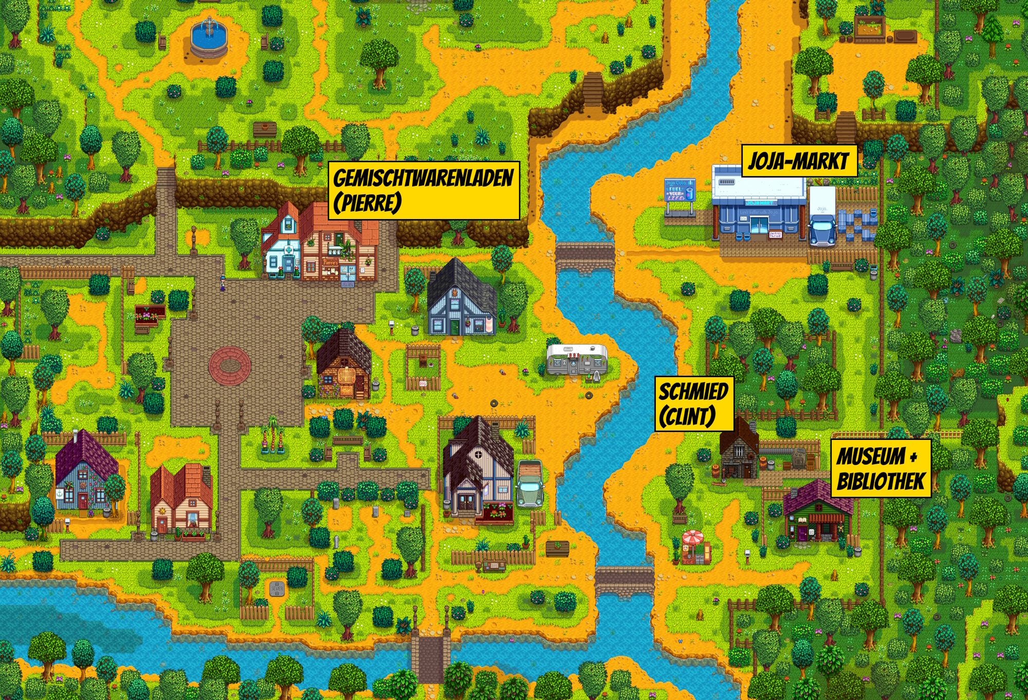 Gemischtwarenladen, Schmied, Museum und Joja-Markt auf einer Karte in Stardew Valley