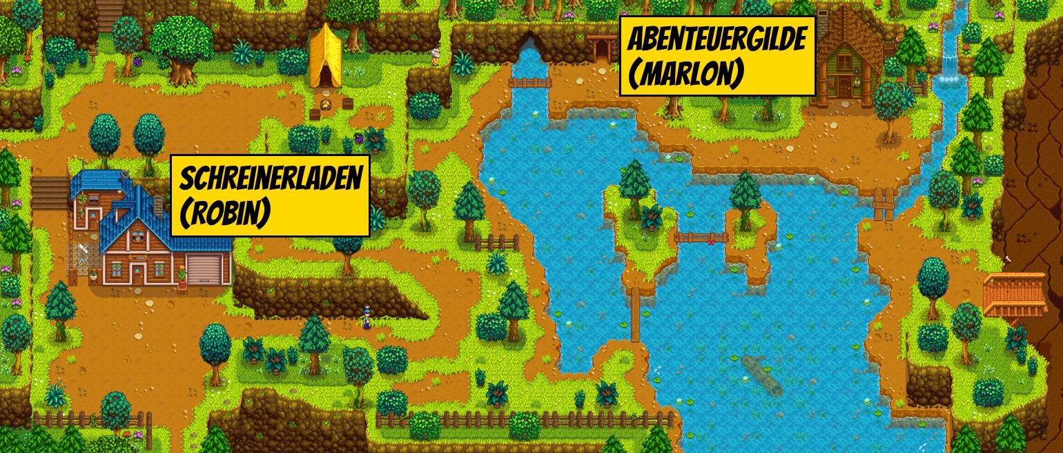 Karte der nördlichen Stadt in Stardew Valley mit Schreinerladen, Mine und Abenteuergilde