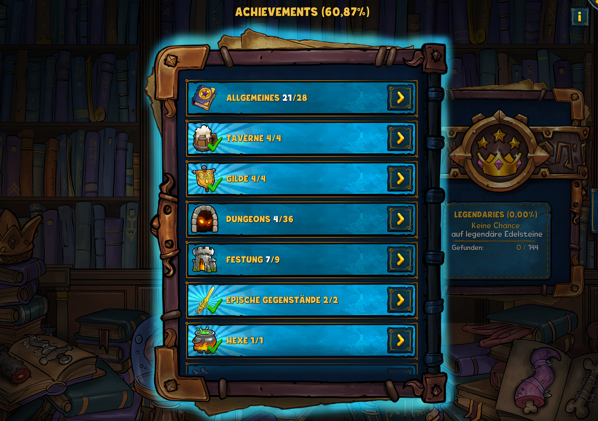 Seite Eins der Shakes & Fidget Achievements